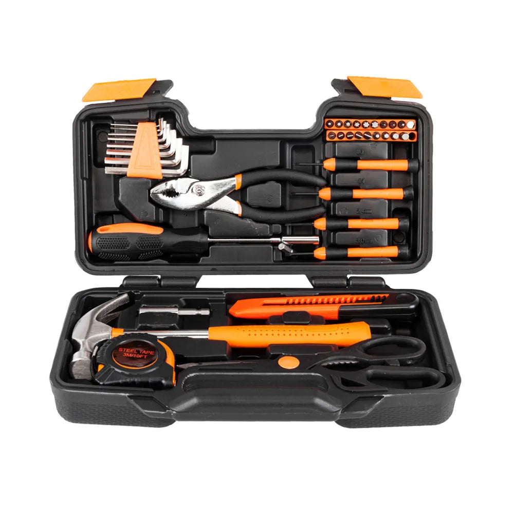 39-piece combination tool set in orange with steel and plastic tools