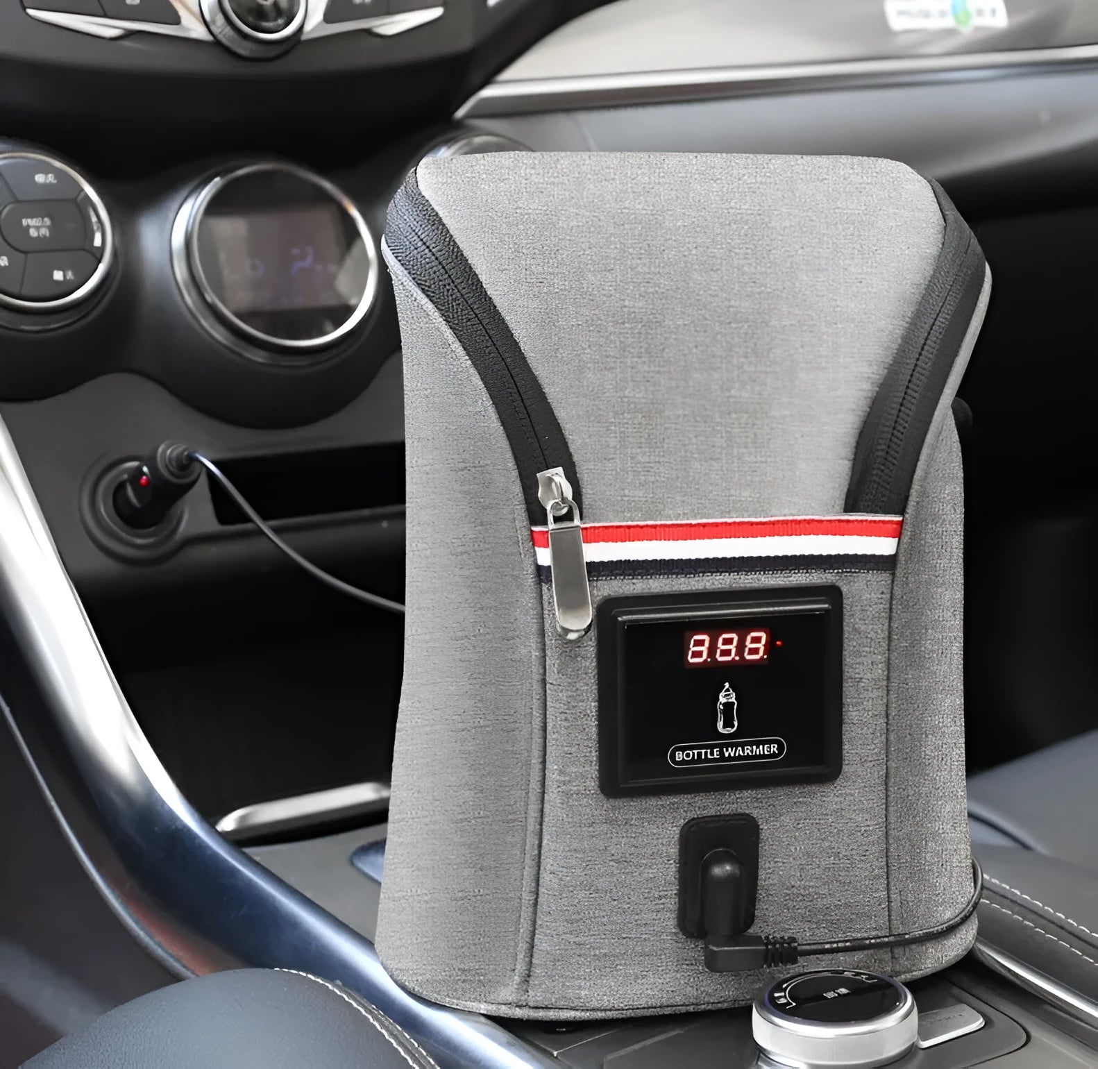 Grey Oxford cloth portable car USB baby bottle warmer with electronic display and buckle strap