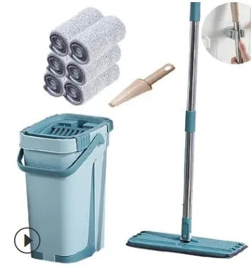 Home kitchen wooden floor lazy mop with 360-degree rotating microfiber flat mop head and bucket