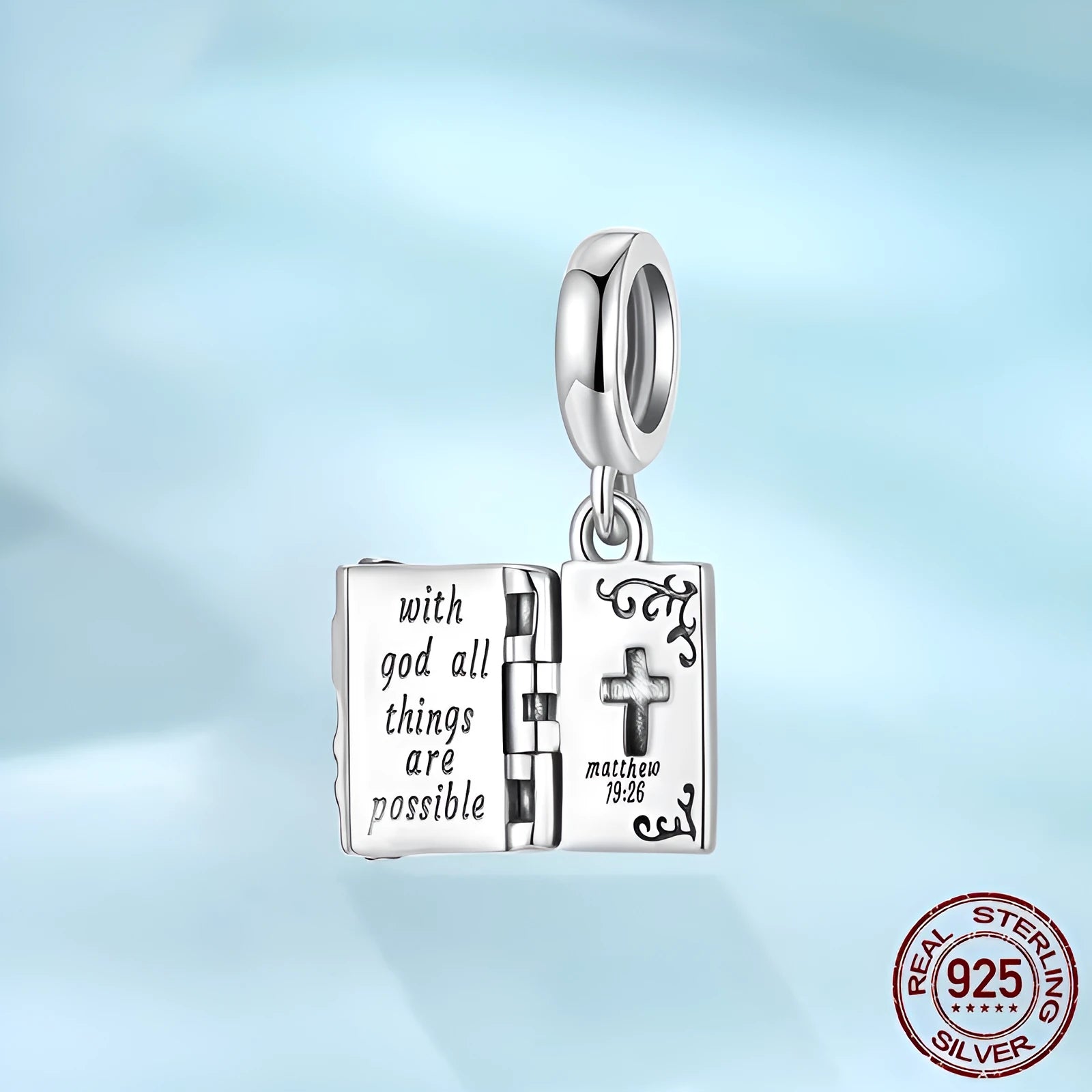 925 sterling silver open and close cross pendant bead with pearlescent finish on white background