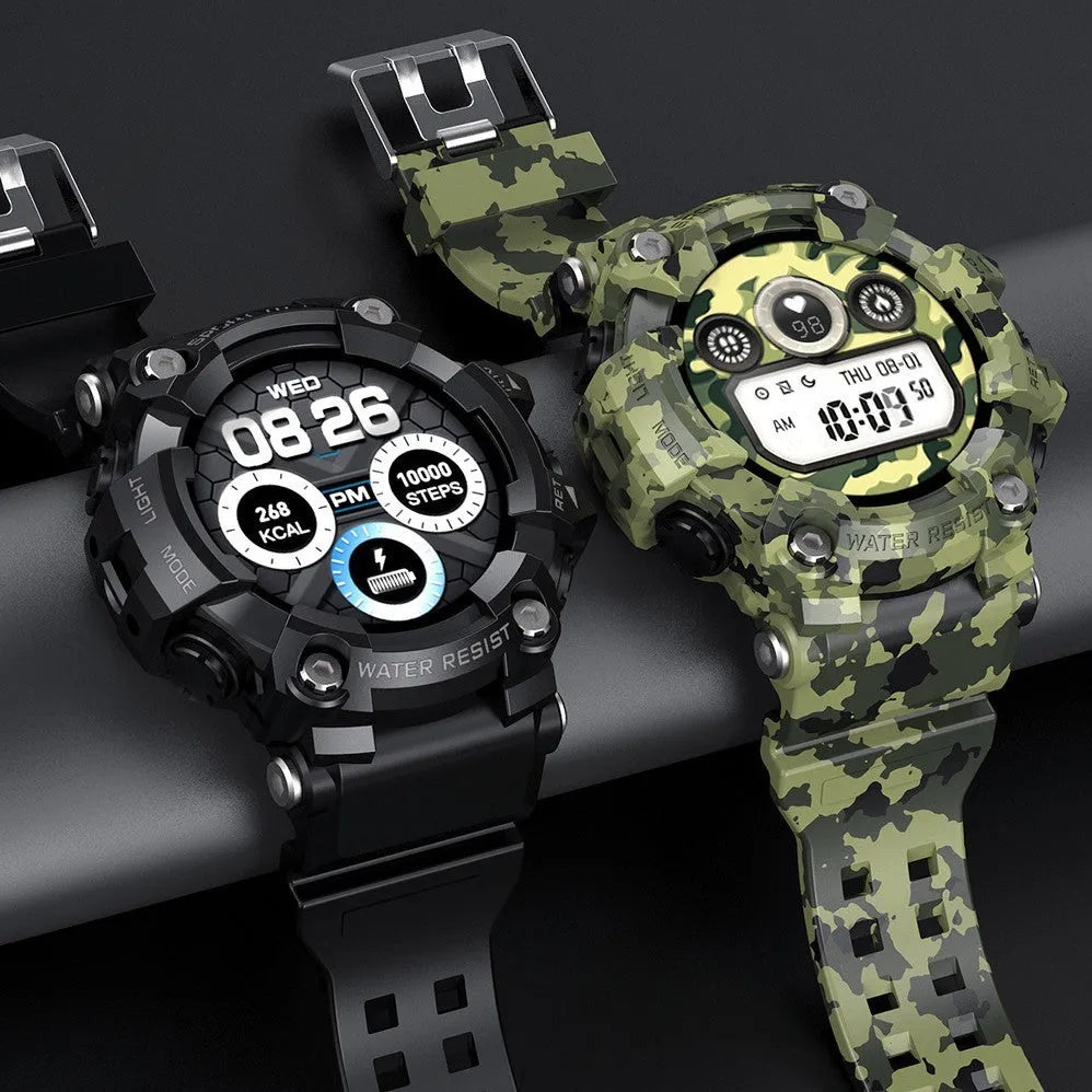 Black T6 tactical rugged smart watch with alloy case and 1.3-inch screen on wrist