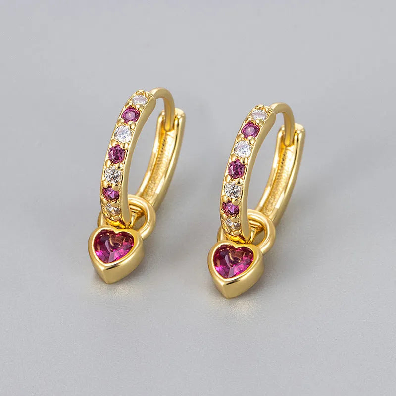 Women's zircon heart drop earrings in gold or white gold plating with coloured gemstones