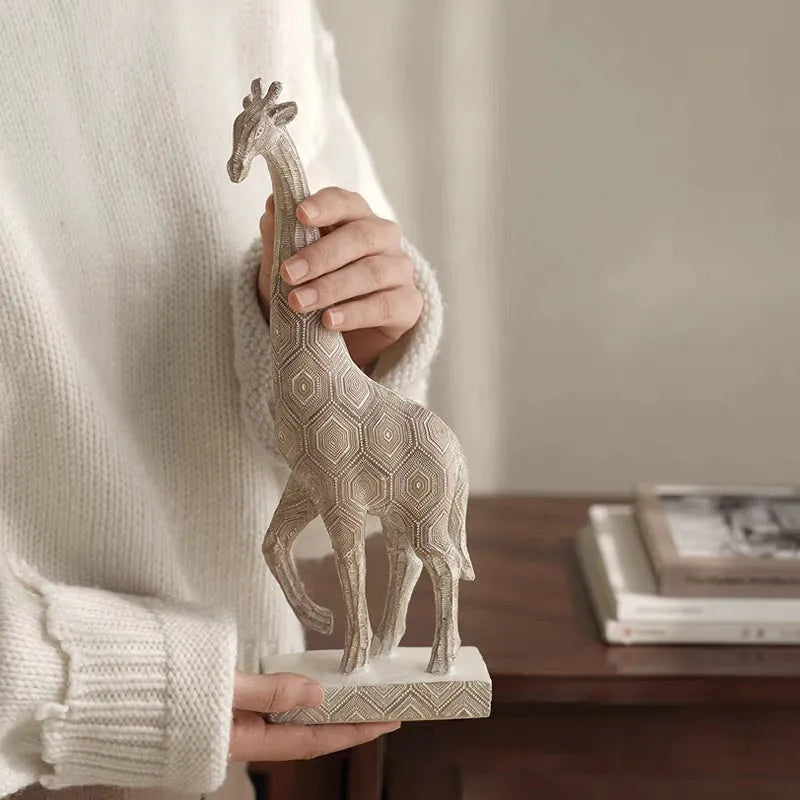 Wood colour synthetic resin giraffe ornament for shelf decoration, 30.5cm tall.