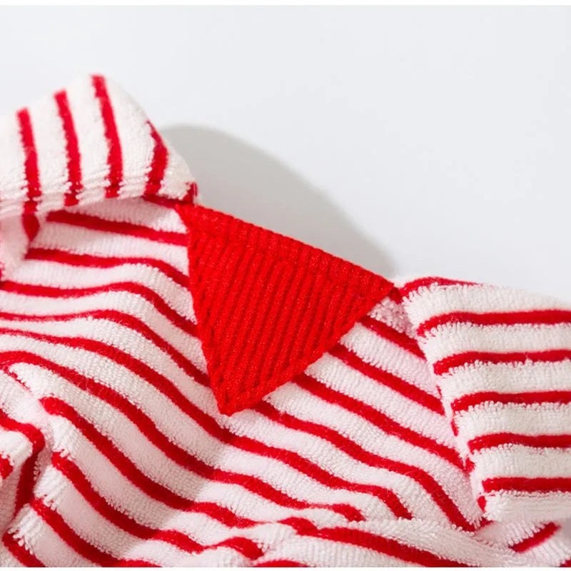 Red striped two-legged fleece pet clothing for small to medium dogs and cats