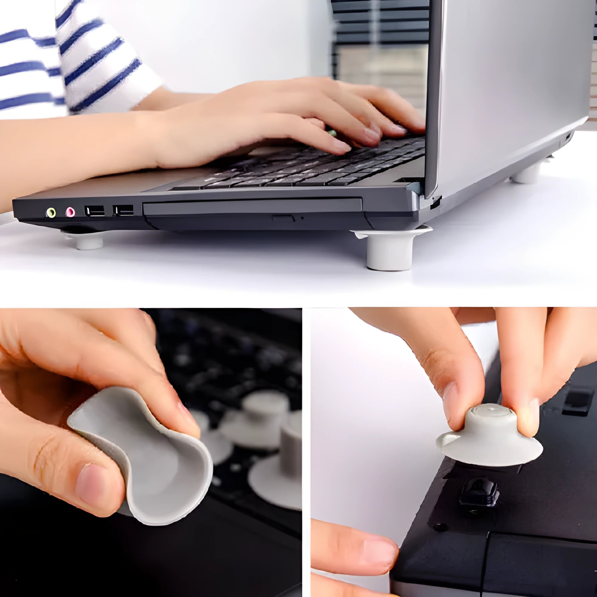Four grey plastic non-slip laptop cooling pads, two large and two small, on a desk.
