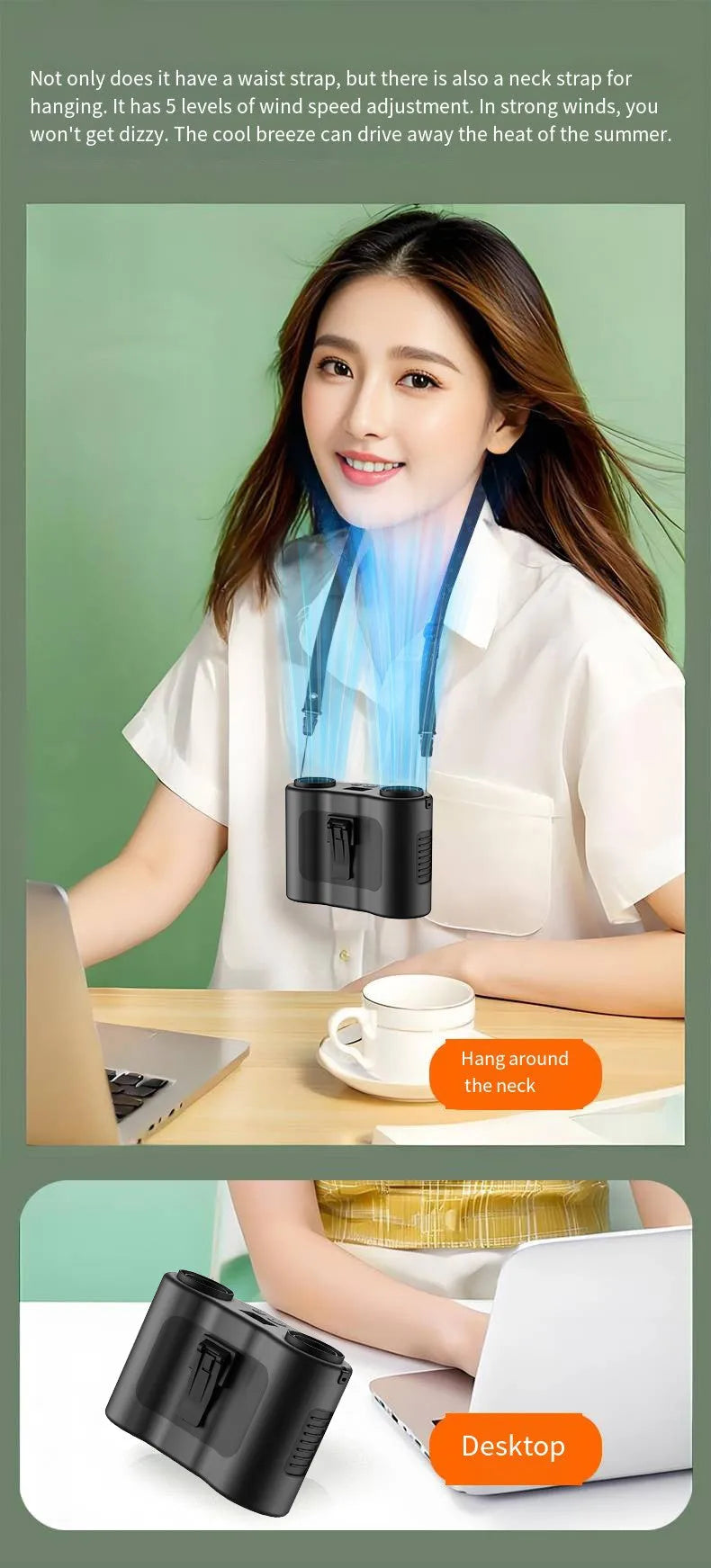 Grey waist-hung personal fan with lanyard, showing brushless motor and control button.