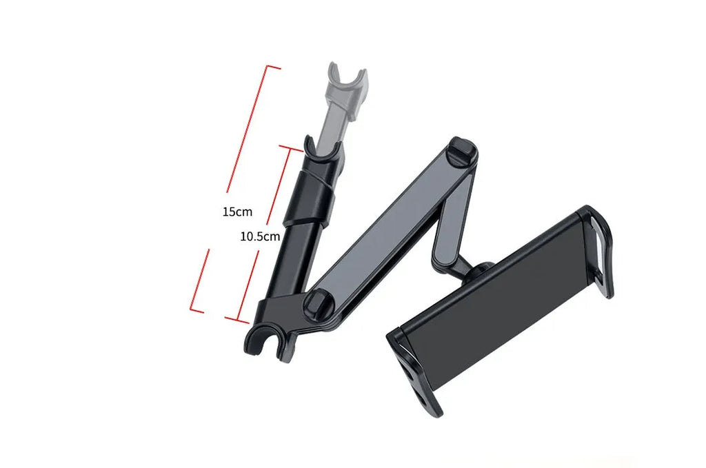 Black car phone holder with rear seat base mount for tablets and smartphones