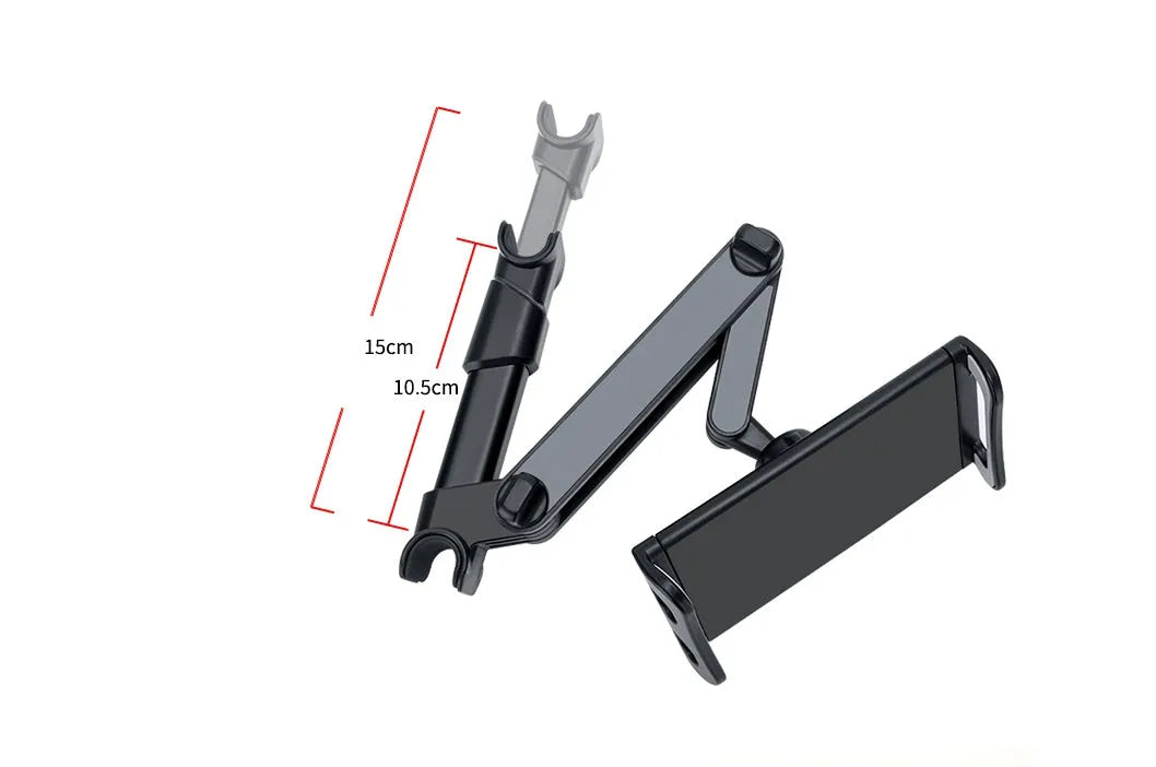 Black car phone holder with rear seat base mount for tablets and smartphones