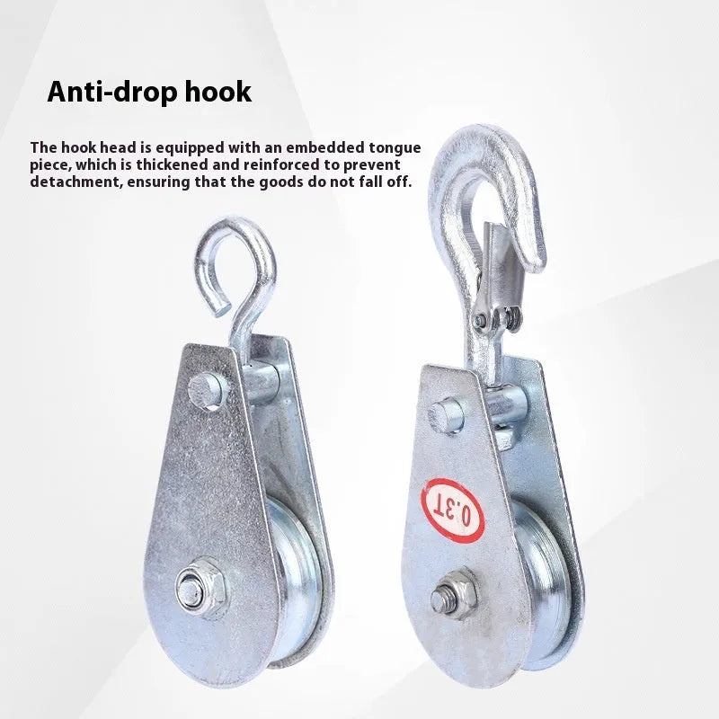 Red industrial lifting pulley with safety latch and forged steel construction for general cargo handling