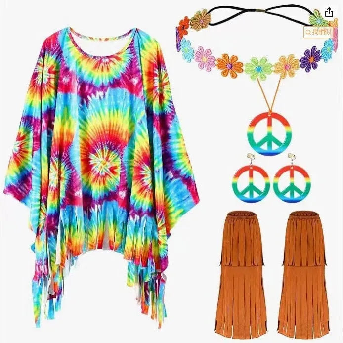 Tie dye bell sleeve cloak costume in rainbow colours, made from spandex fabric for Halloween and cosplay.