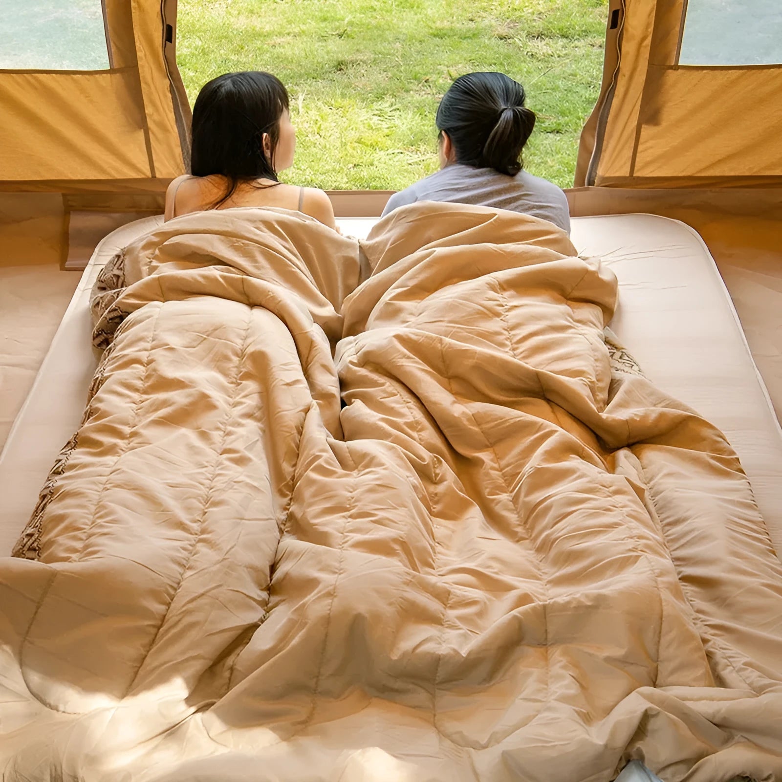 Portable camping sleeping bag with storage bag in Jiangnan Spring colour.