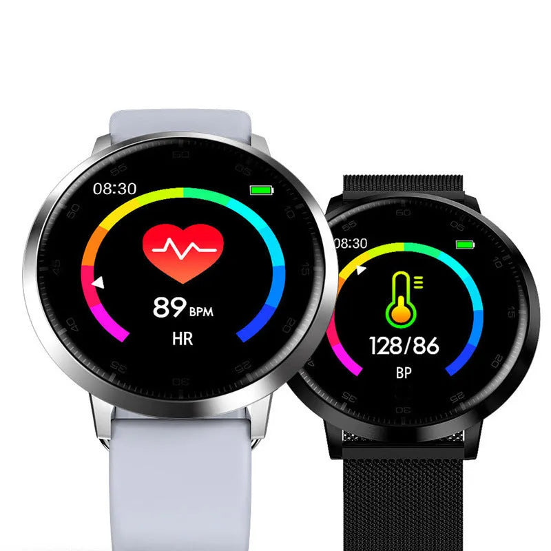 Black ultra-thin smart health bracelet with 1.3-inch touch screen on silicone wrist strap.