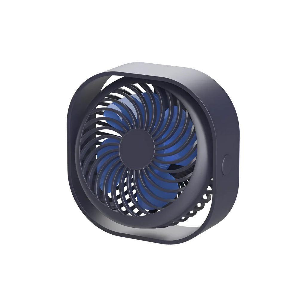 USB charging desk fan with 360-degree rotation in modern alarm clock design