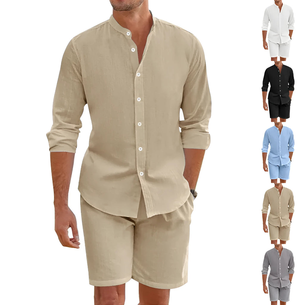 Men's light blue linen blend short sleeve shirt and matching drawstring shorts summer outfit.