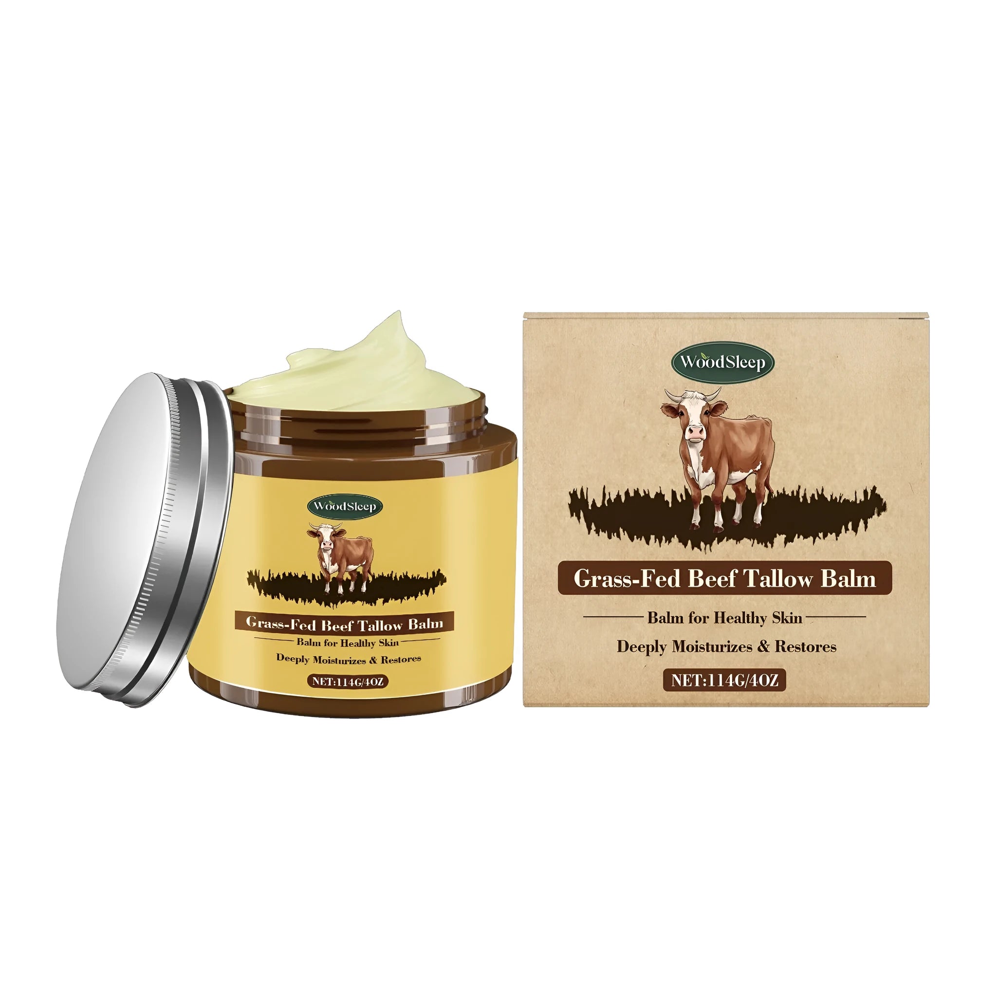 A 114g jar of cow fat skin care cream with tallow, honey and olive oil.