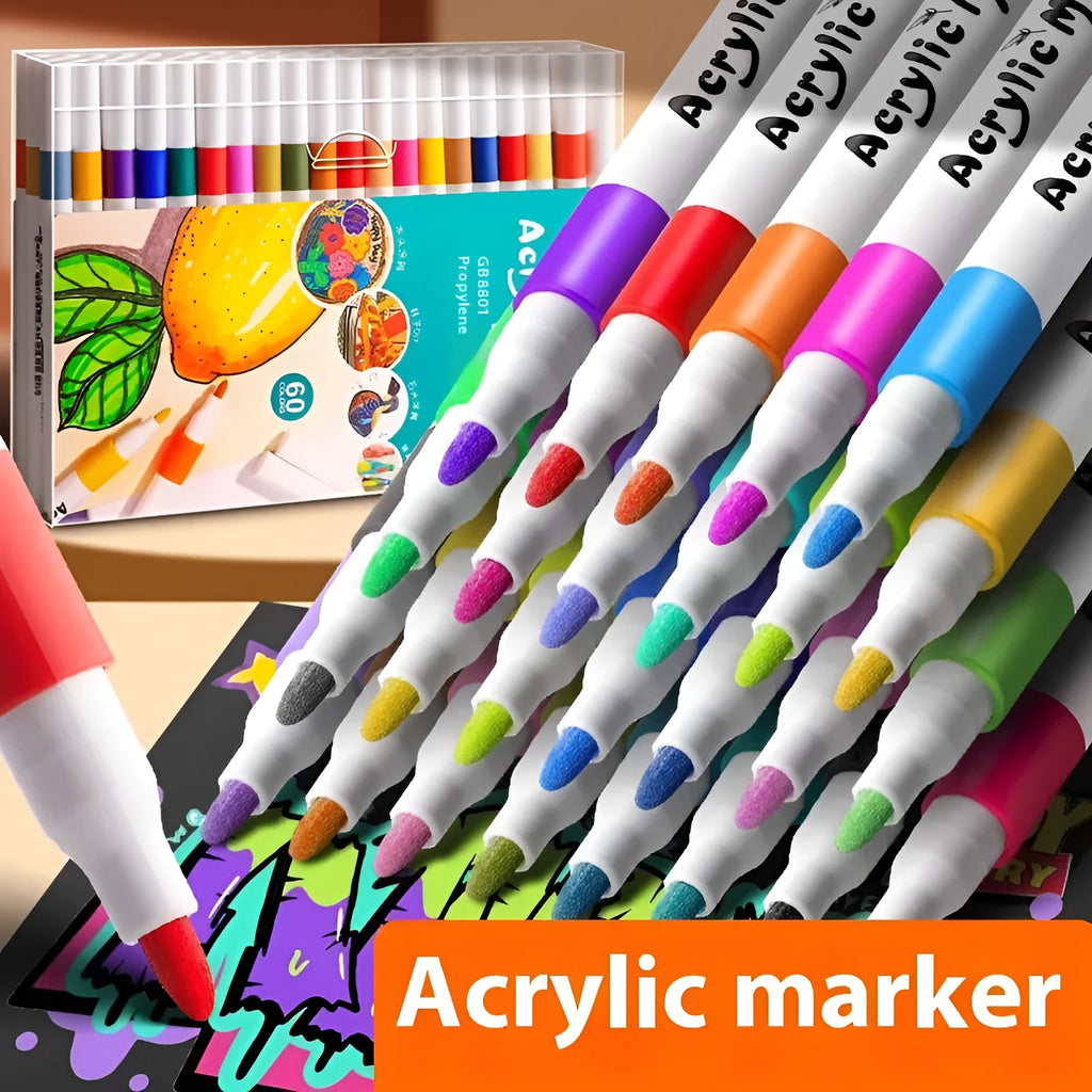 Acrylic marker pen set showing multicoloured plastic markers arranged by colour