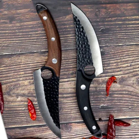 Slaughter cutting meat boning small scimitar knife with 5CrMoV15 high carbon steel hammer pattern blade and black handle, leather cover