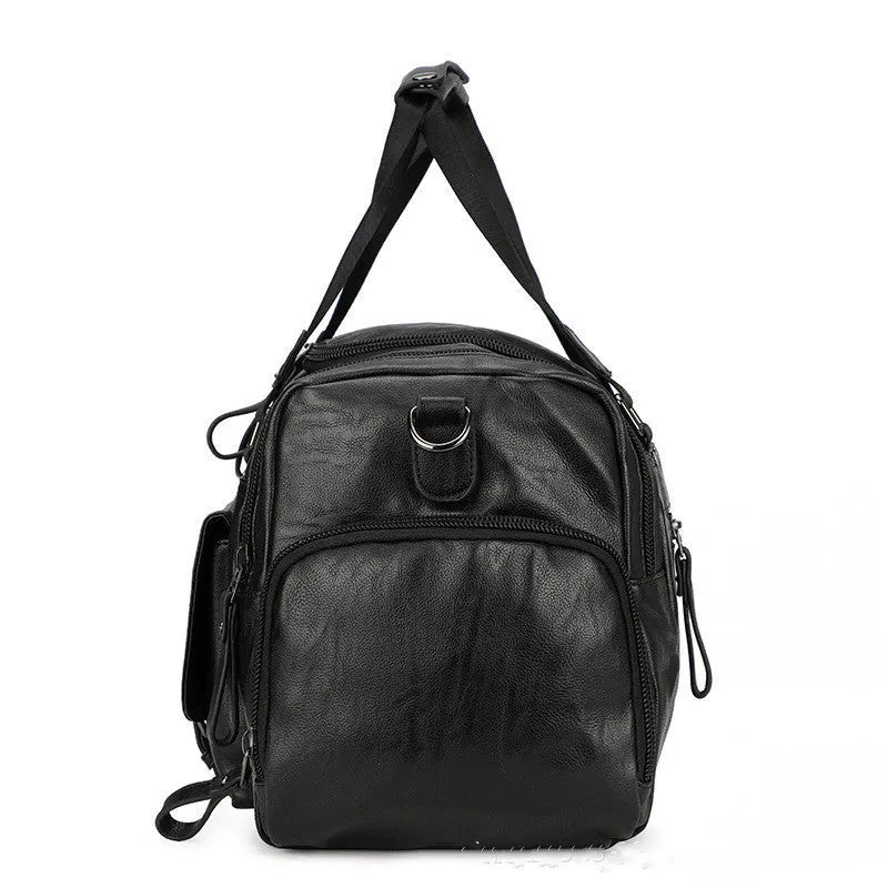 Black PU fabric travel bag with shoe storage compartments showing interior organisation