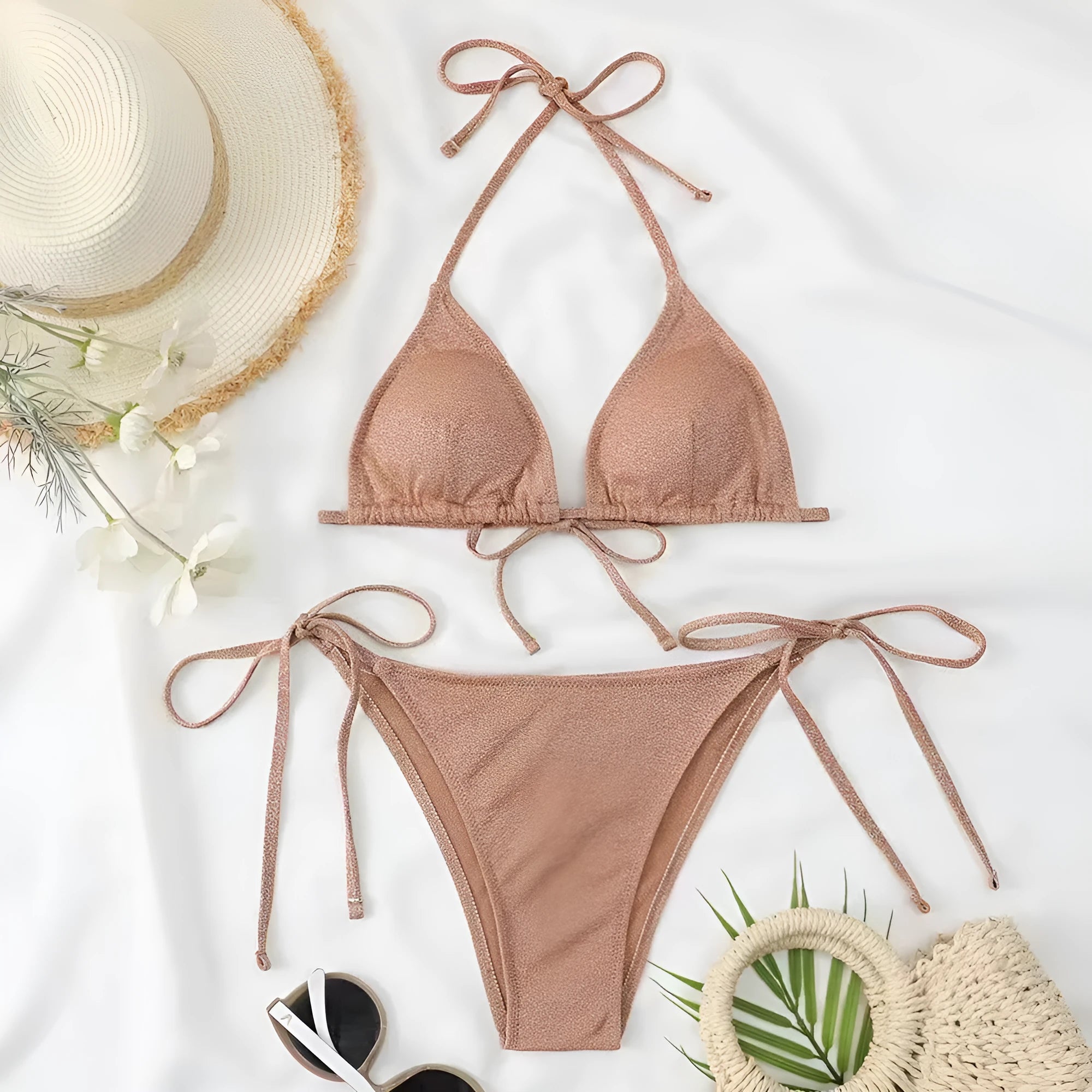 Women's split bandage bikini swimsuit in polyester fabric showing colour options and size range