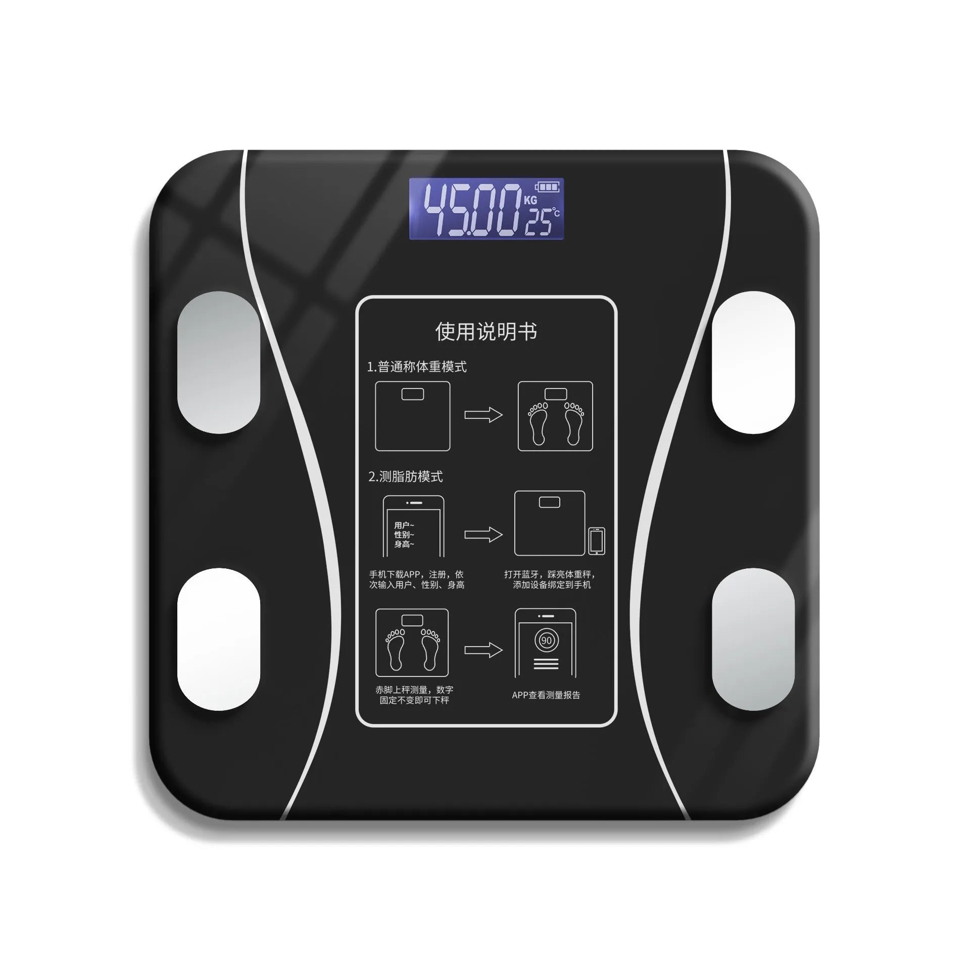 USB rechargeable body fat scale in black with digital display for weight and body composition tracking