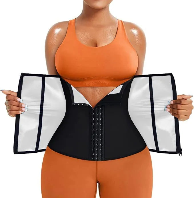 A neoprene sports waist shaping belly belt with an adjustable strap, shown in blue and silver colour options.