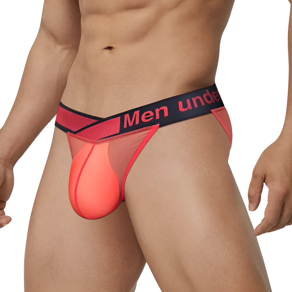 Men's red transparent ice silk breathable underwear briefs with large V gradient high fork design on white background