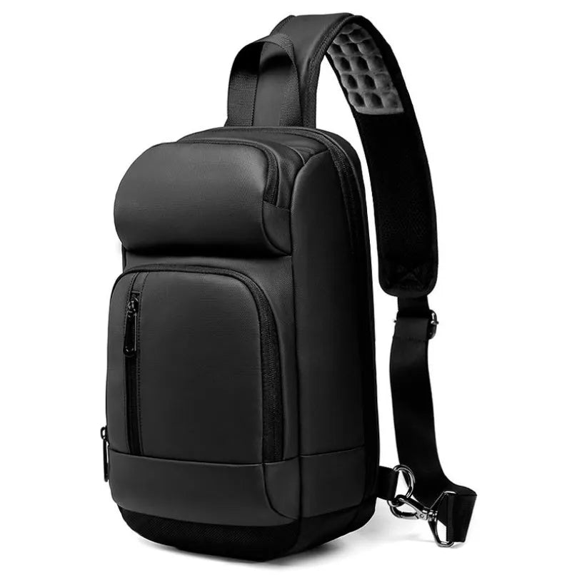 Black medium capacity outdoor shoulder bag with air cushion strap and multiple compartments