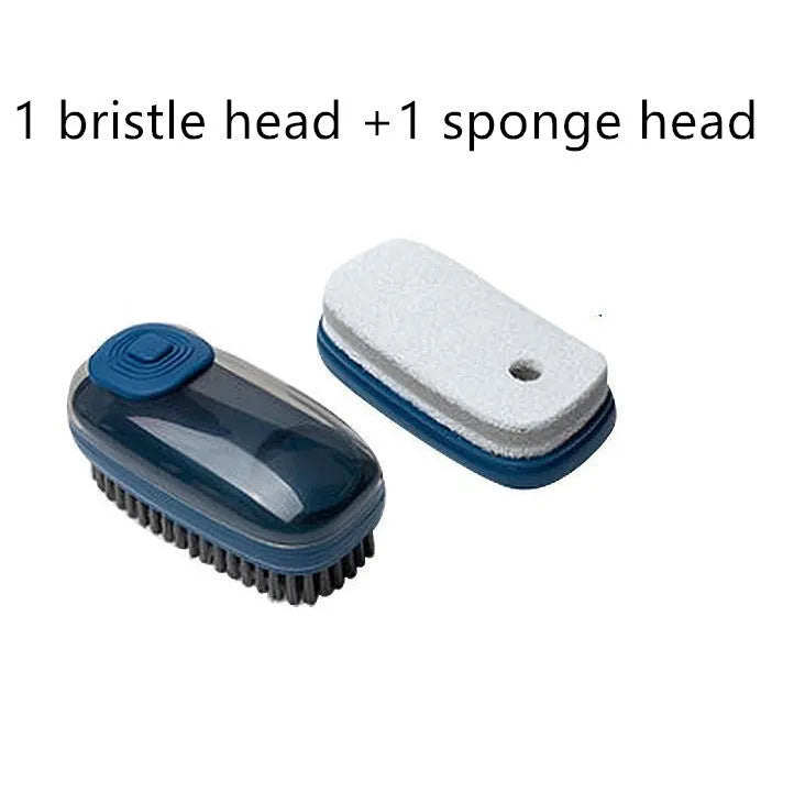 Multifunctional automatic liquid cleaning brush with ergonomic grip in blue showing built-in reservoir and soft bristles