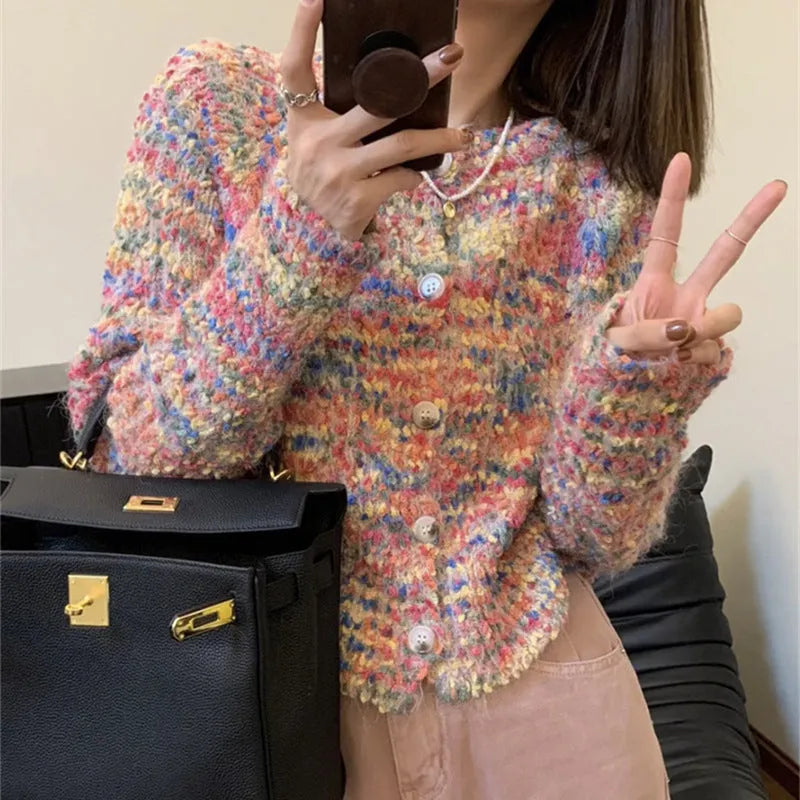 Retro rainbow pattern knitted cardigan sweater in acrylic with pink and green colour options