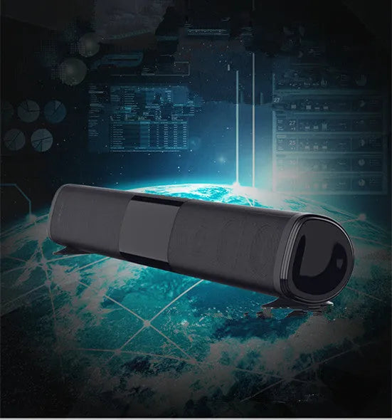 High-power Bluetooth soundbar speaker in black with PVC+ABS shell, 4x5W output, TF card slot and USB port