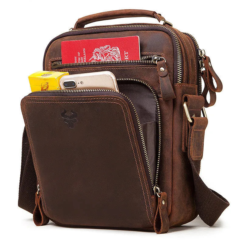 Men's brown Crazy Horse leather crossbody bag with sewing line detailing
