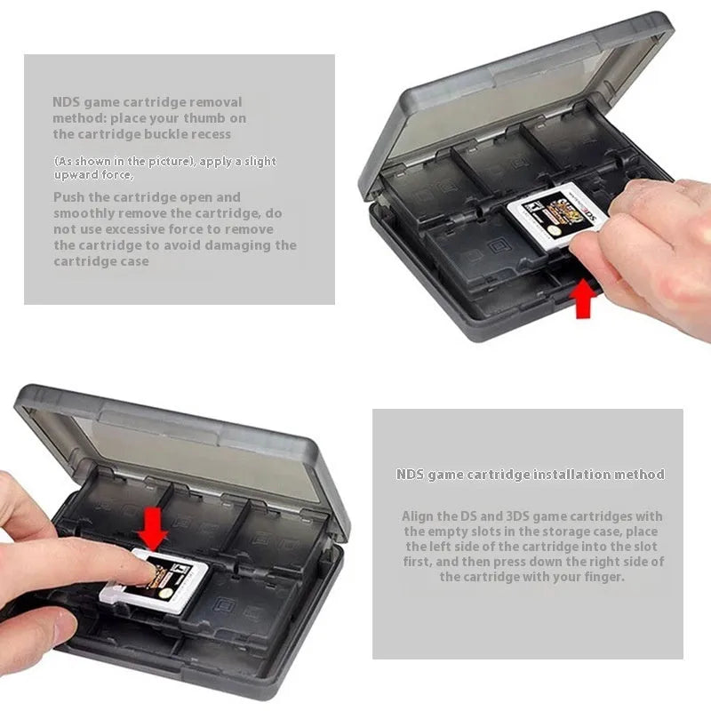 PP plastic 24-slot game card storage box for NDS and 3DS in black with 24 cartridge slots visible