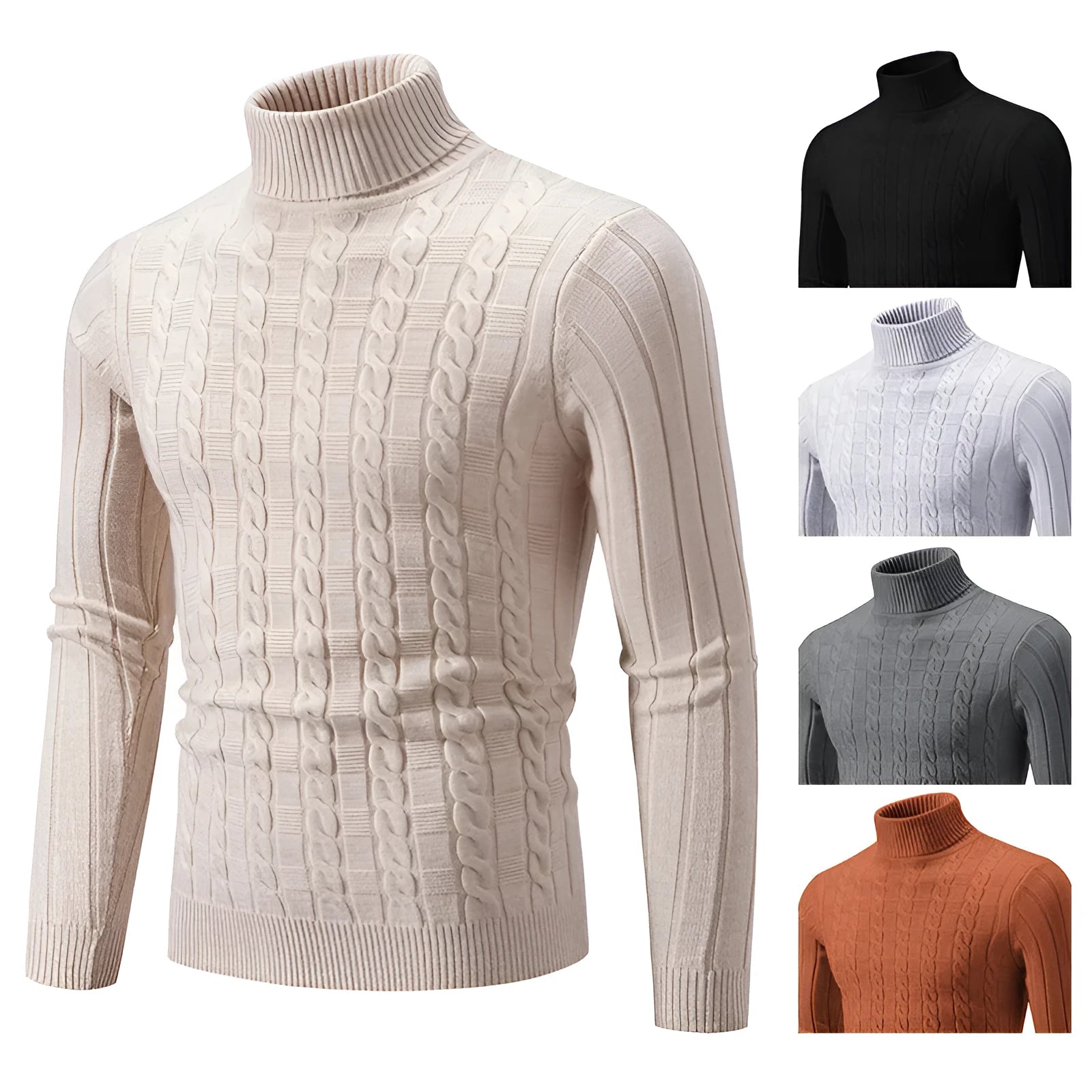 Men's slim fit turtleneck pullover jumper in spandex chenille fabric on a model.