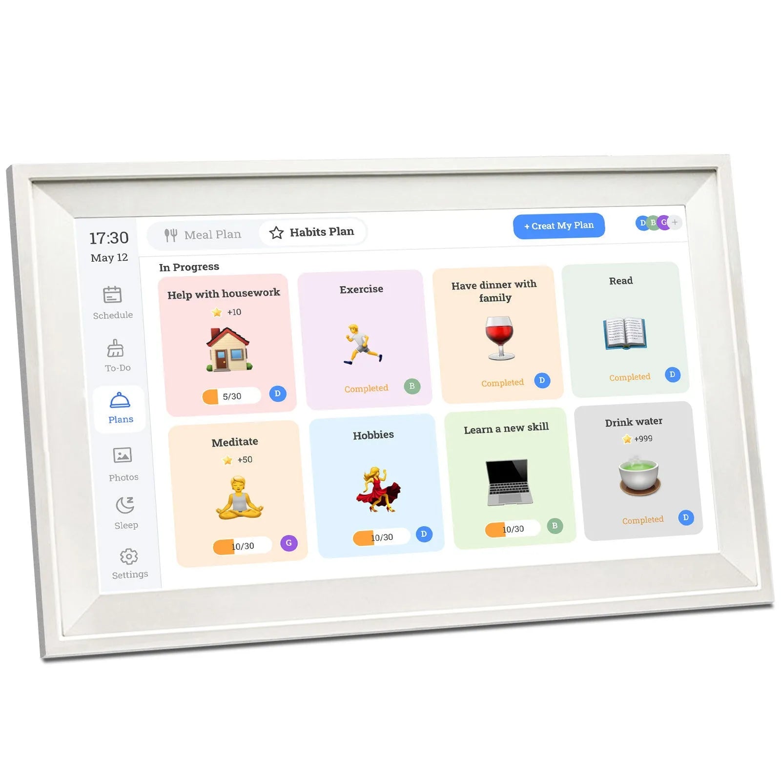 White 15.6 inch smart digital photo frame on a table with app control interface on a phone.
