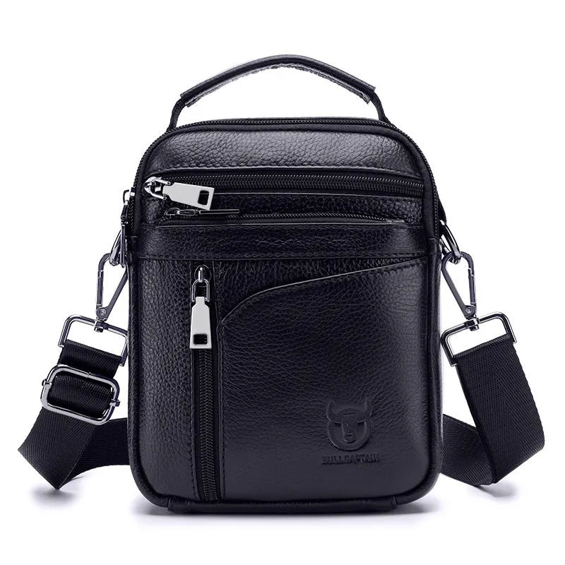 Men's genuine leather shoulder messenger bag solid black colour retro style