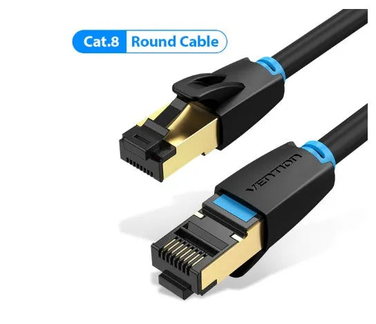 Shielded Cat8 Ethernet network cable with RJ45 connectors, showing flat and round style options.