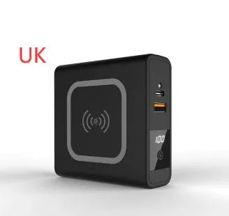 Black and white 10000mAh power bank with wireless charging surface and foldable plug