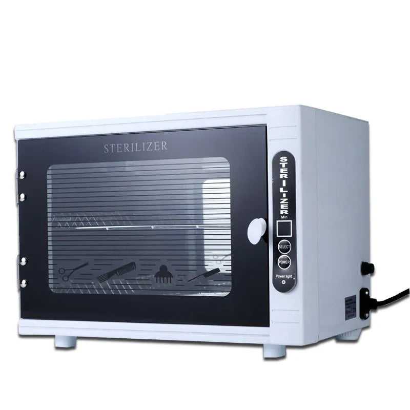 Small silver UV steriliser cabinet for salon tool disinfection with stainless steel chamber.