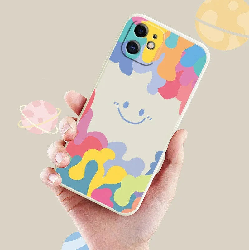 Rainbow smiley face TPU silicone phone case with lanyard for iPhone 12 13 14 series, white variant