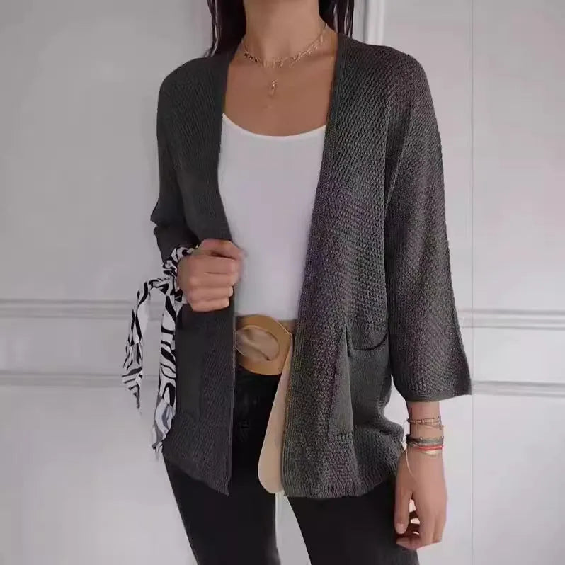 Women's waffle texture cardigan coat with nine-quarter length sleeves in army green colour