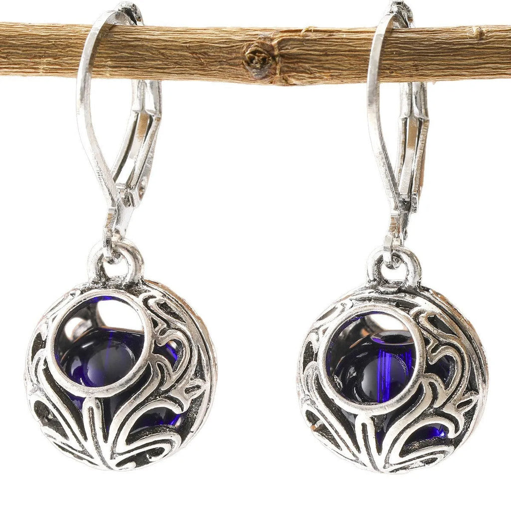 Vintage engraving hollow blue gemstone pendant drop earrings in silver colour for women, geometric shape