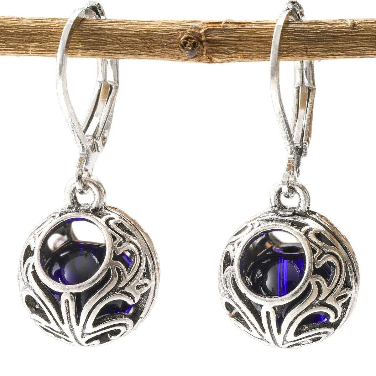 Vintage engraving hollow blue gemstone pendant drop earrings in silver colour for women, geometric shape