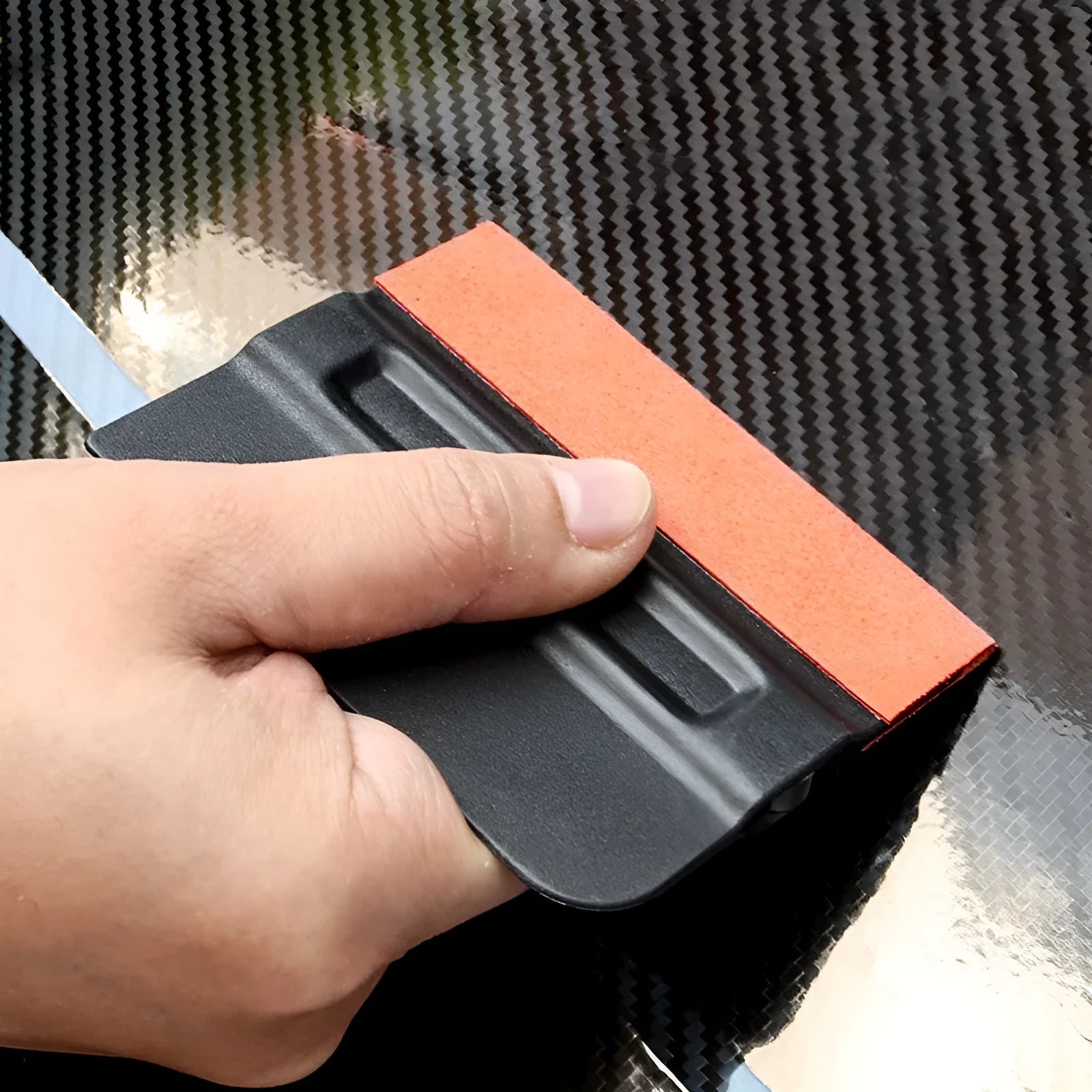 Car film scraper tool with black deerskin pad for applying colour changing vehicle wraps