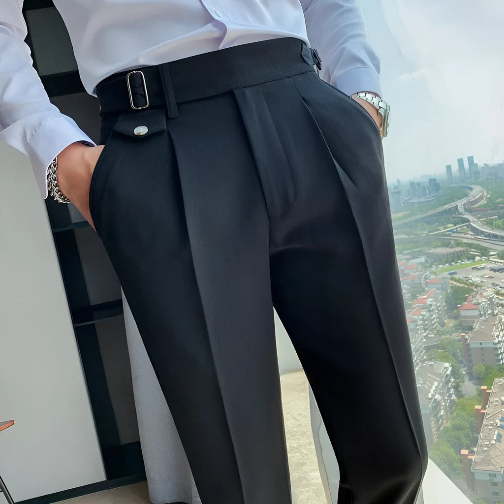 Men's straight leg casual trousers in solid colours on a size chart showing waist measurements 29 to 36.