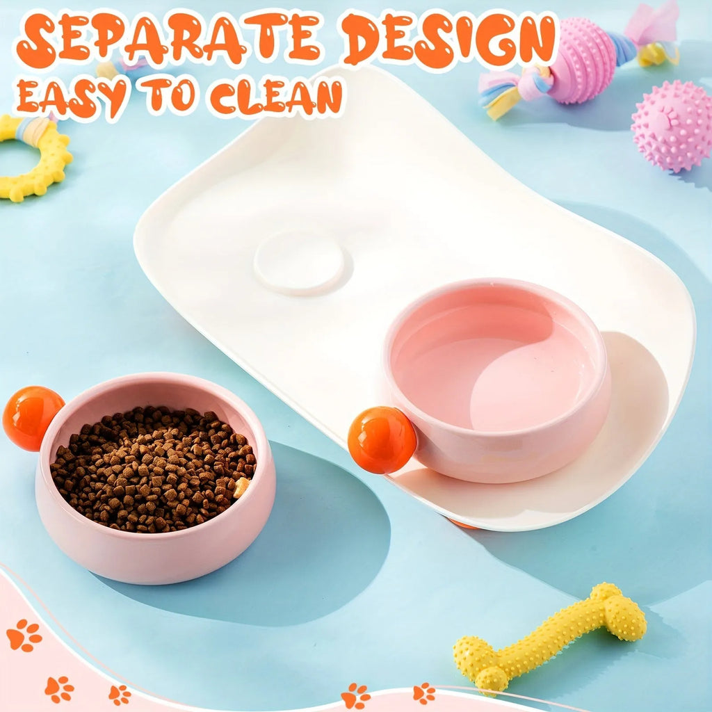 Ceramic raised pet feeding bowl set with non-slip silicone base in pink, pink yellow and yellow colours