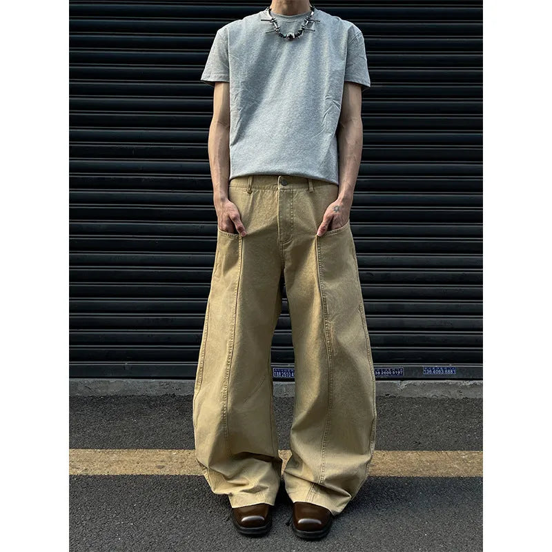 Men's casual cotton straight trousers in solid khaki colour from the front