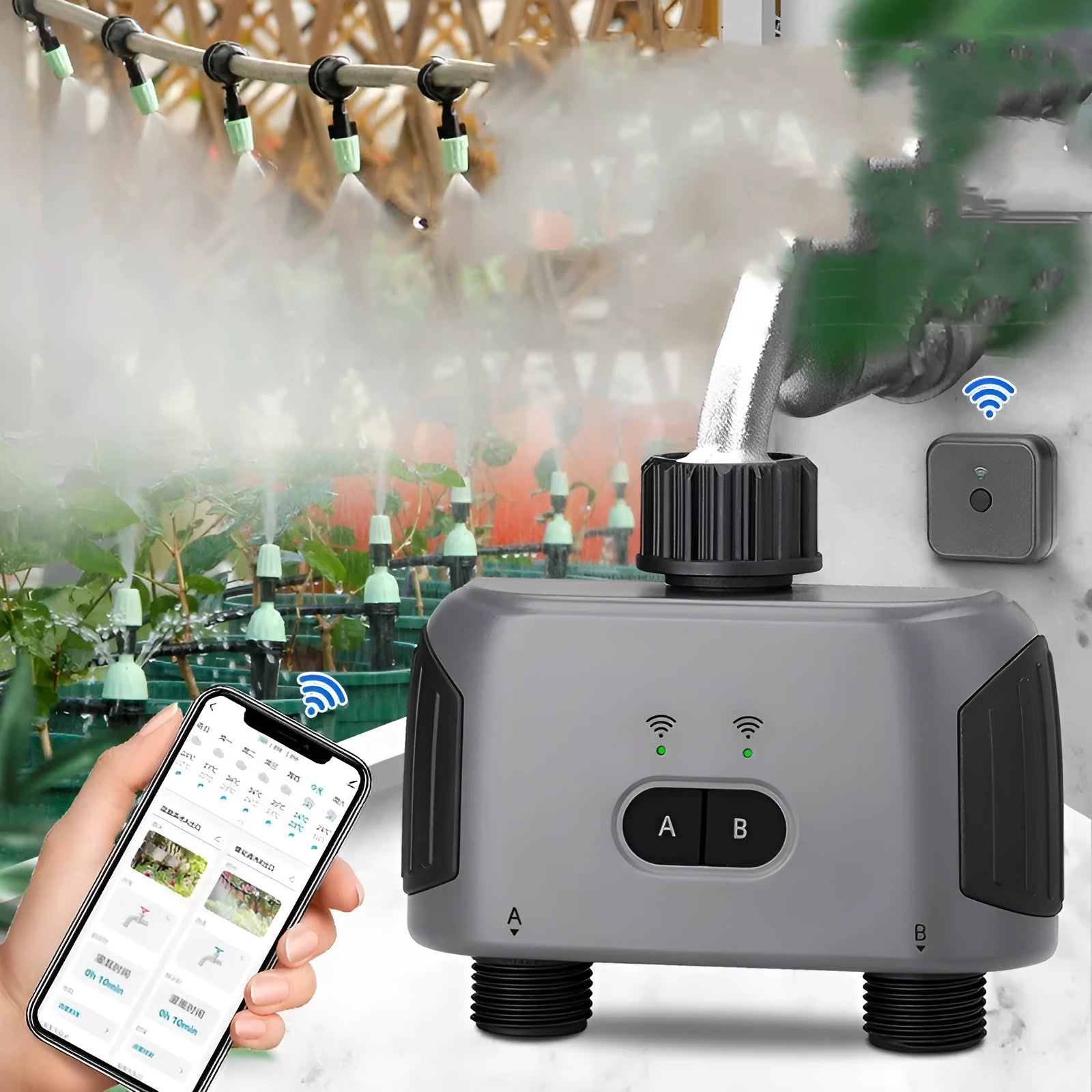 Bluetooth dual watering controller with timer and WiFi gateway for garden irrigation, compact weatherproof design