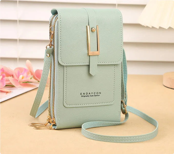 Women's transparent PU crossbody shoulder bag with touch screen window, letter design, in multiple colours