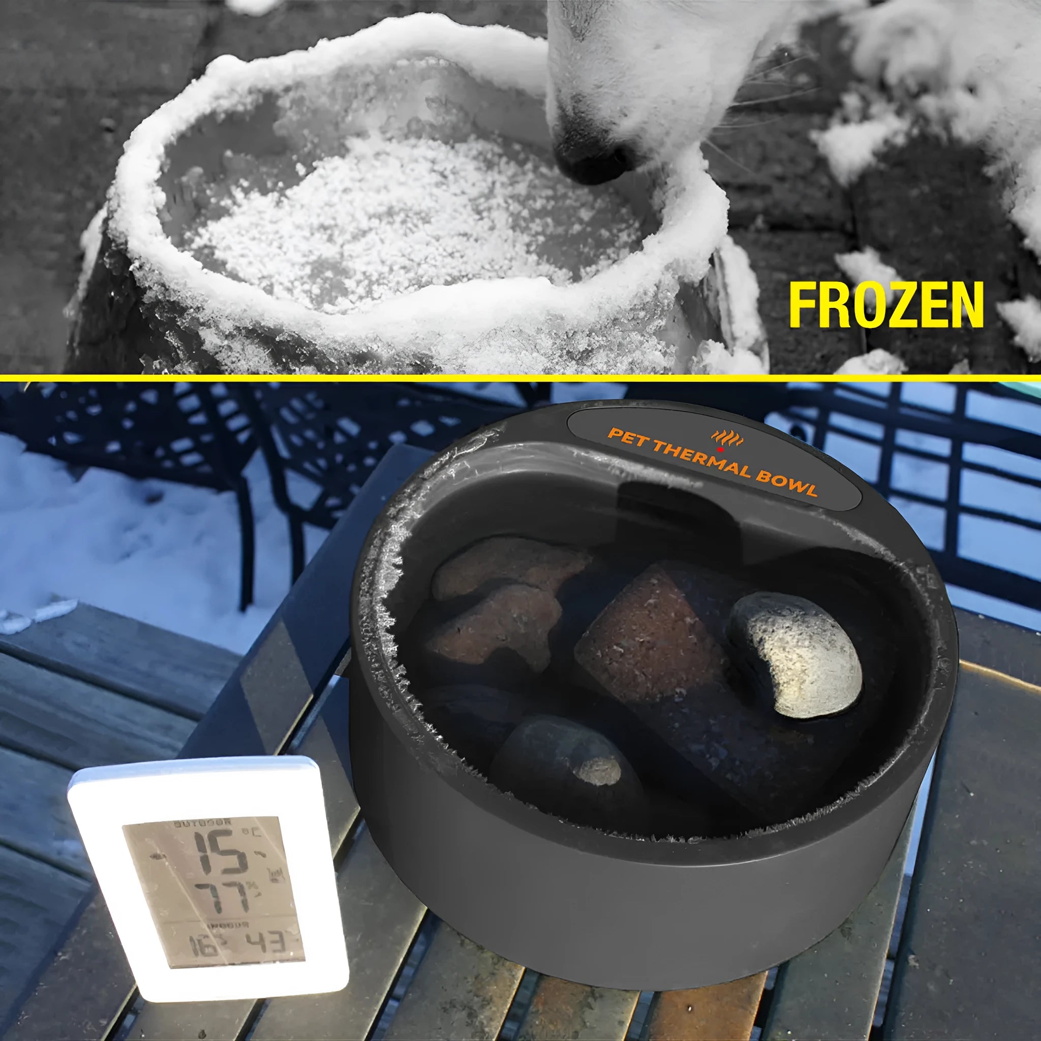 Black ABS heated pet bowl for cats and dogs with 2.2 litre capacity and 35W heating element