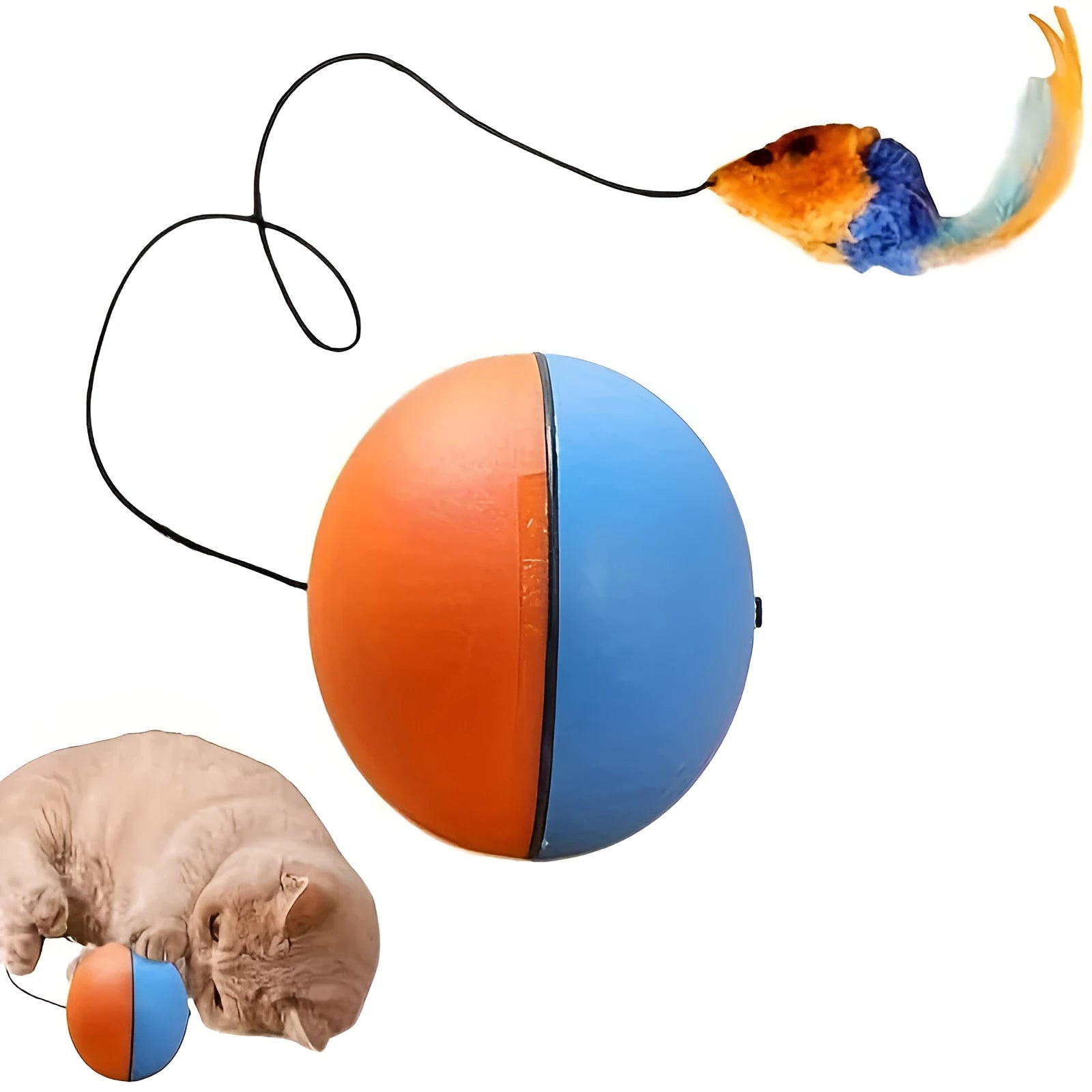 Interactive cat toy ball with blue and orange plush mouse and rolling base on floor